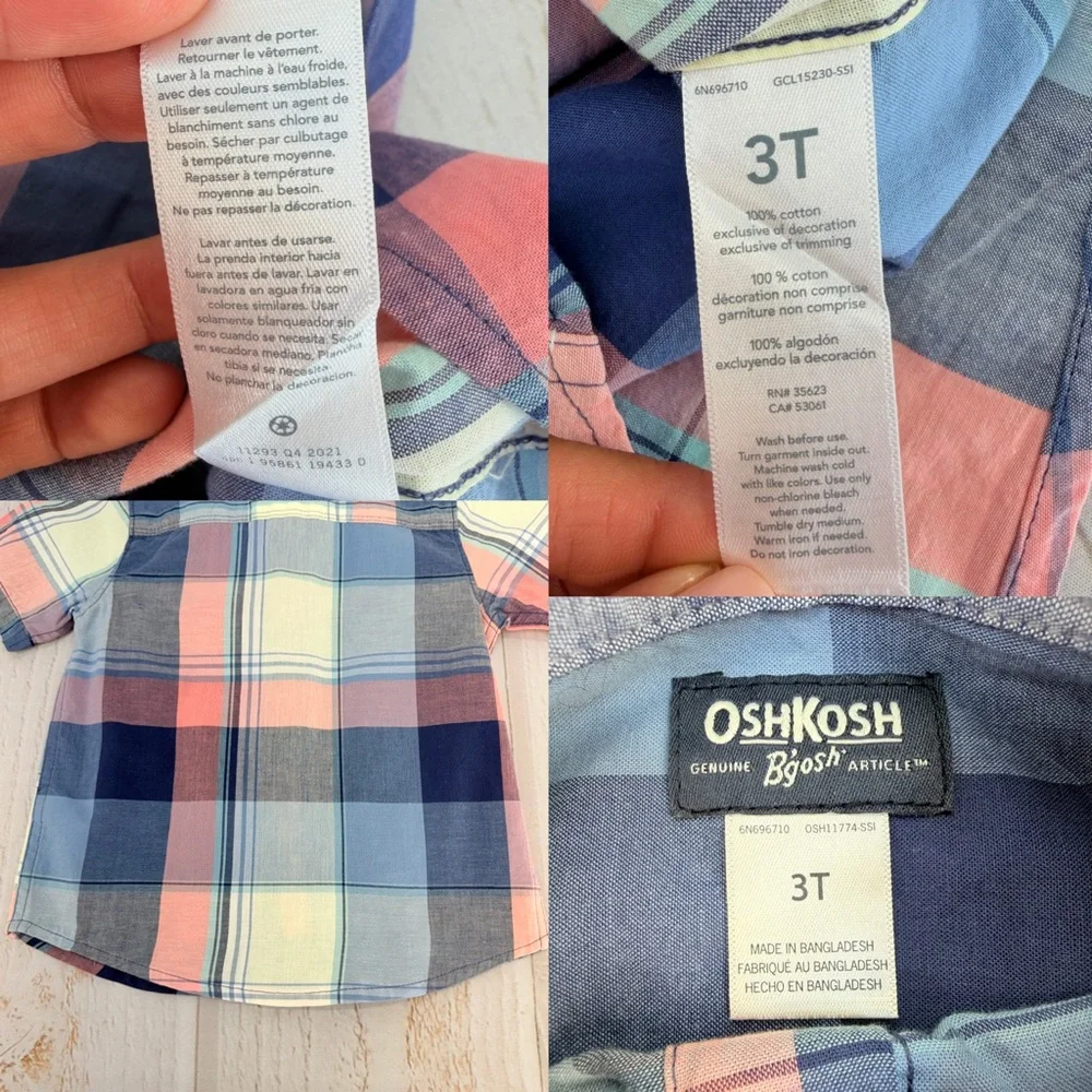 OshKosh Toddler Boy 3T Plaid‎ Button Up Shirt Blue Pink Short Sleeve